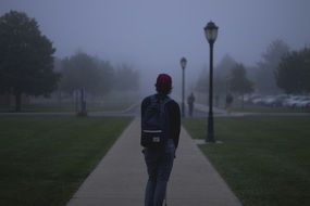 Students are walking in the foggy park