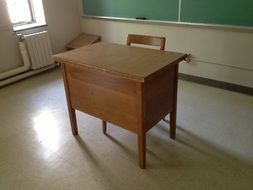 table for the teacher in the classroom