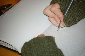 young female hands on open notebook. writing