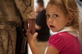 surprised girl is holding mom's hand