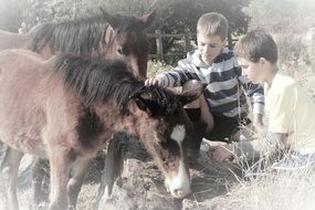 boys outside animal