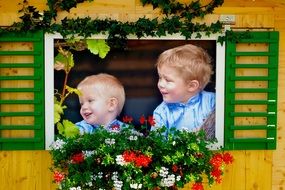 Two boys and flowers on a window