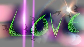 green love lettering and birds silhouettes at colorful background