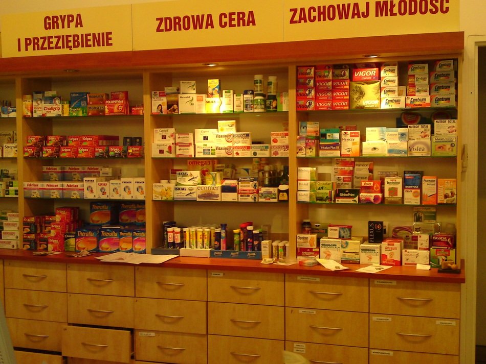 stand with drugs in the pharmacy