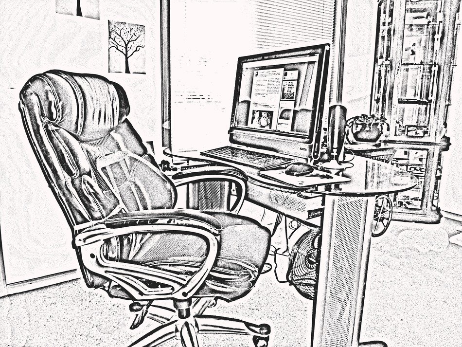 pencil drawing of a desktop with a chair