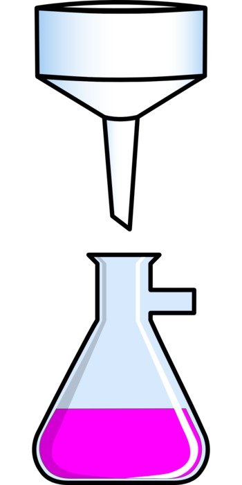 funnel and flasks with colored contents