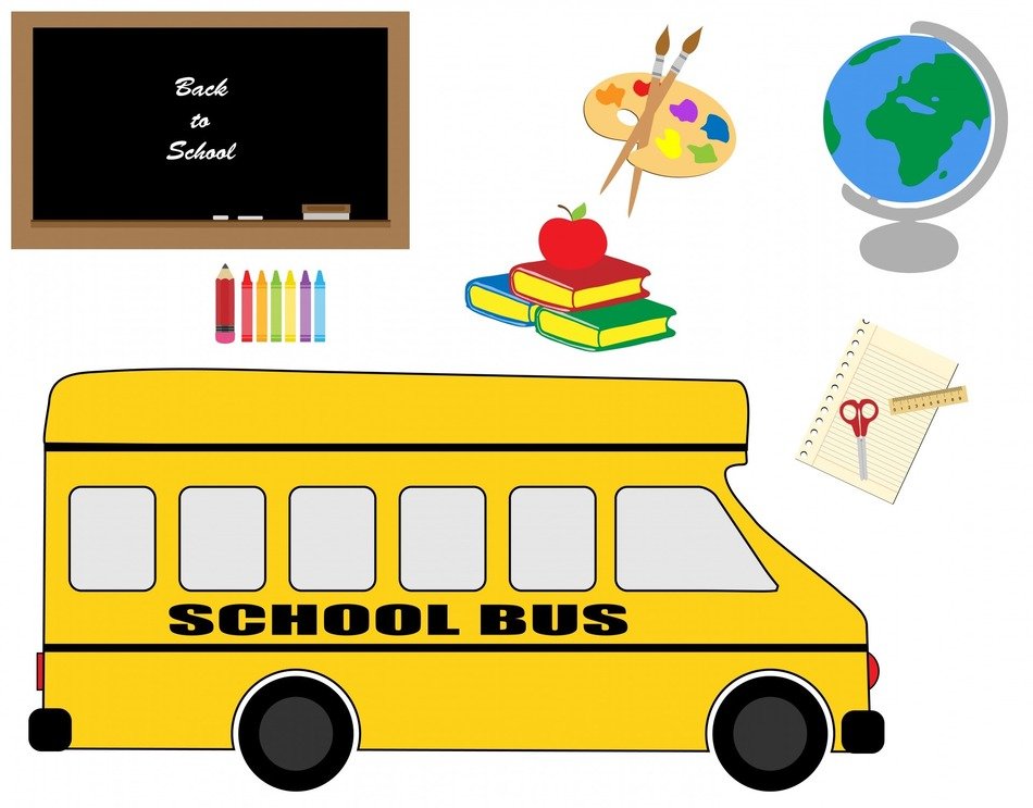 school bus and school supplies drawing