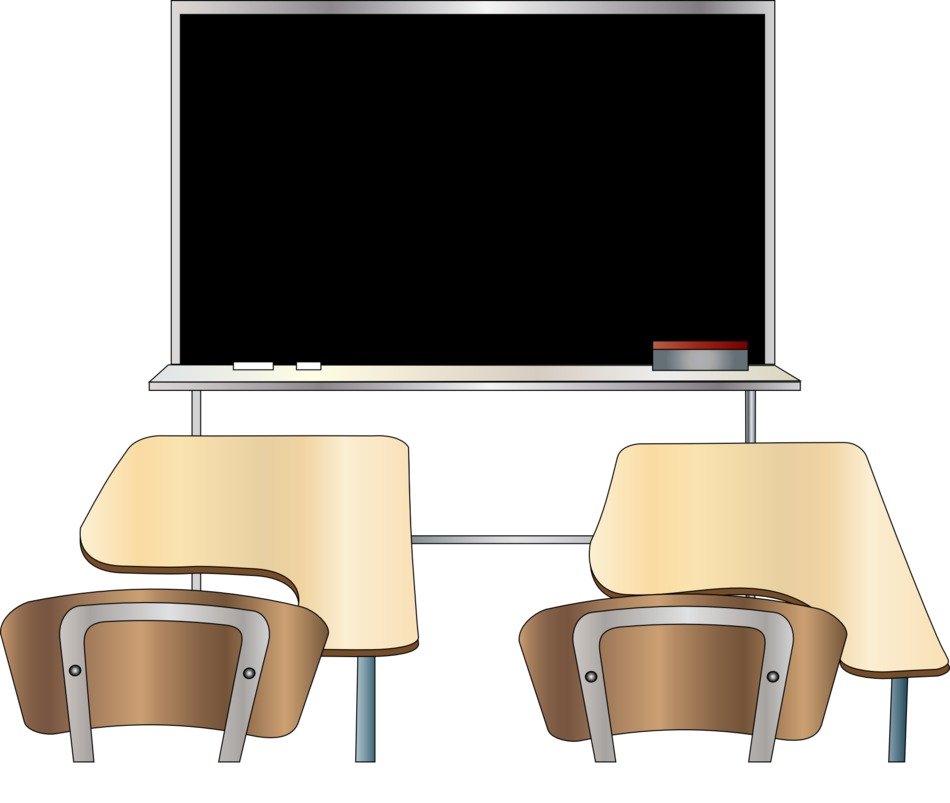 school desks with chairs near the school board