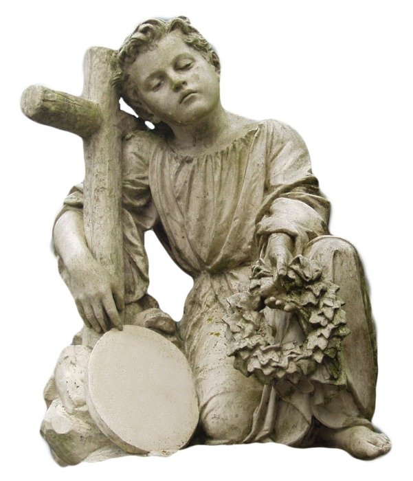 mourning child boy at cross, vintage style sculpture, tombstone
