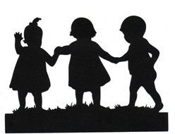 kids holding hands on lawn, vintage black Silhouette