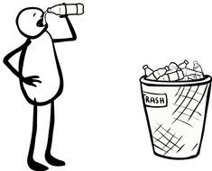 Black and white drawing of the person drinking water near the trash can clipart