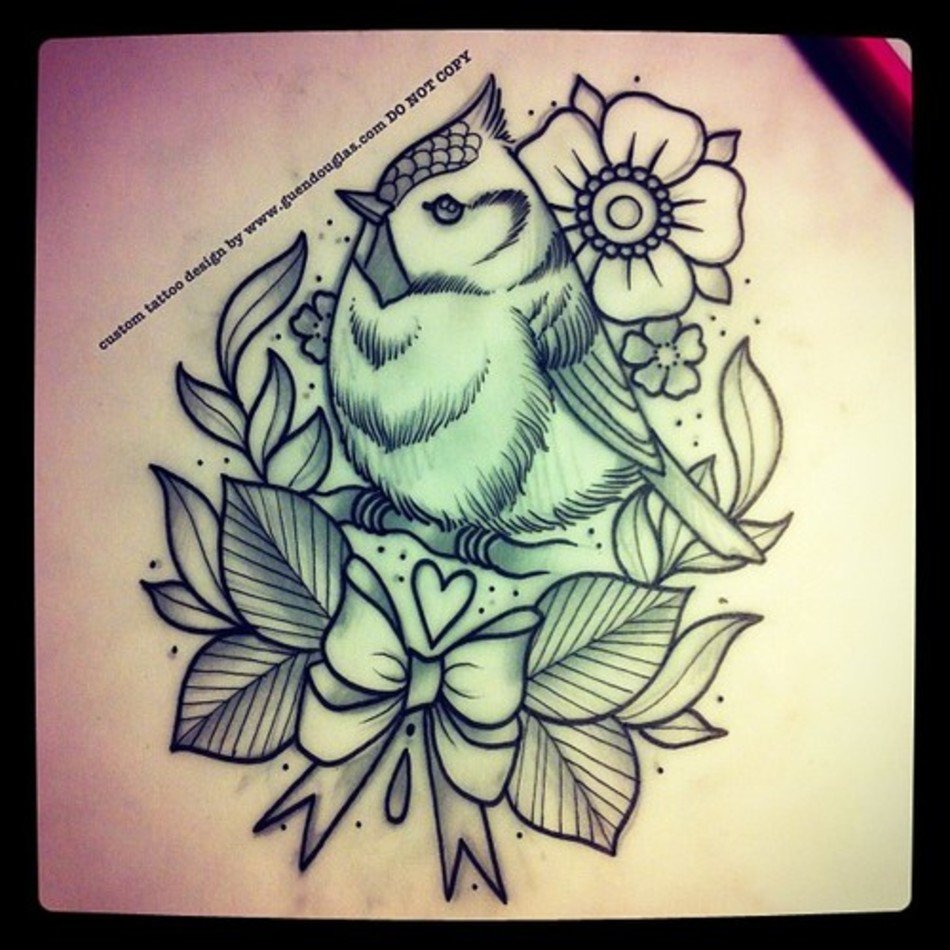 Bird Tattoo Flower Leaves