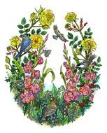painted birds in a flowering meadow