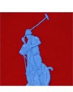 blue Ralph Lauren logo on the red fabric