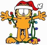 painted cat Garfield tangled in Christmas lights