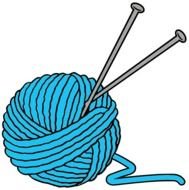 ball of blue thread with knitting needles