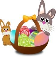 painted bunnies and easter eggs in a basket