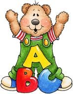 drawn teddy bear and letters of the alphabet on a white background