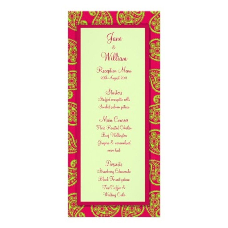 Cerise And Lime Paisley Pattern Wedding Menu Rack Card Design