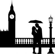 silhouette of a couple in love under an umbrella near big ben