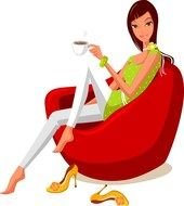 girl with a cup of coffee in a red chair as a graphic image