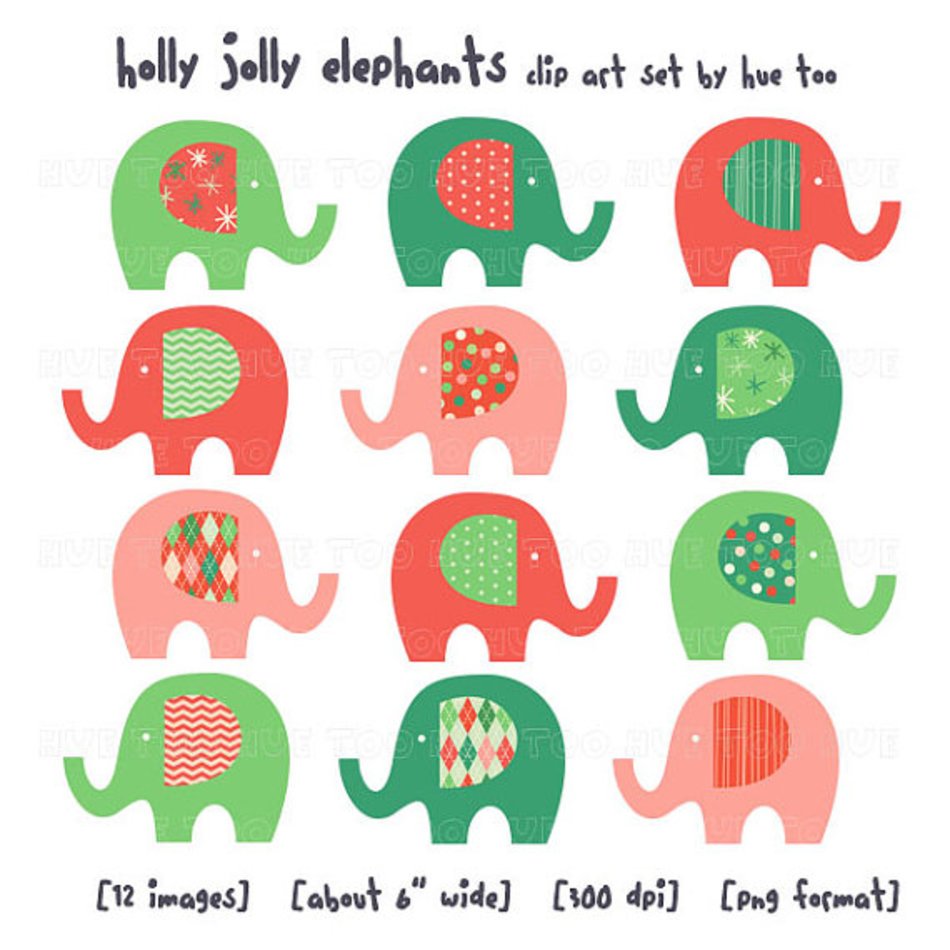 Christmas Clip Art Elephant Clipart Red Green Pink Holiday Images