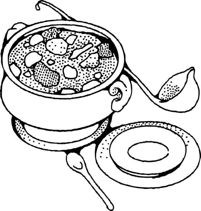 Black and white drawing of the soup and plates clipart