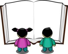 boy and girl in front of open book, drawing