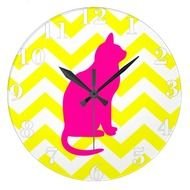 Neon Pink Kitten Cat Yellow Chevron Pattern Clock