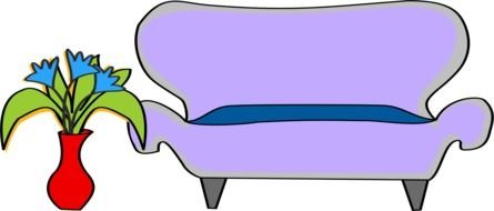 painted purple sofa and a vase of flowers