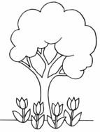 four tulips beneath Tree, Coloring Page