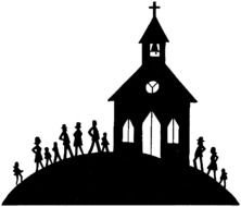 black sketch of people near a church on a hill