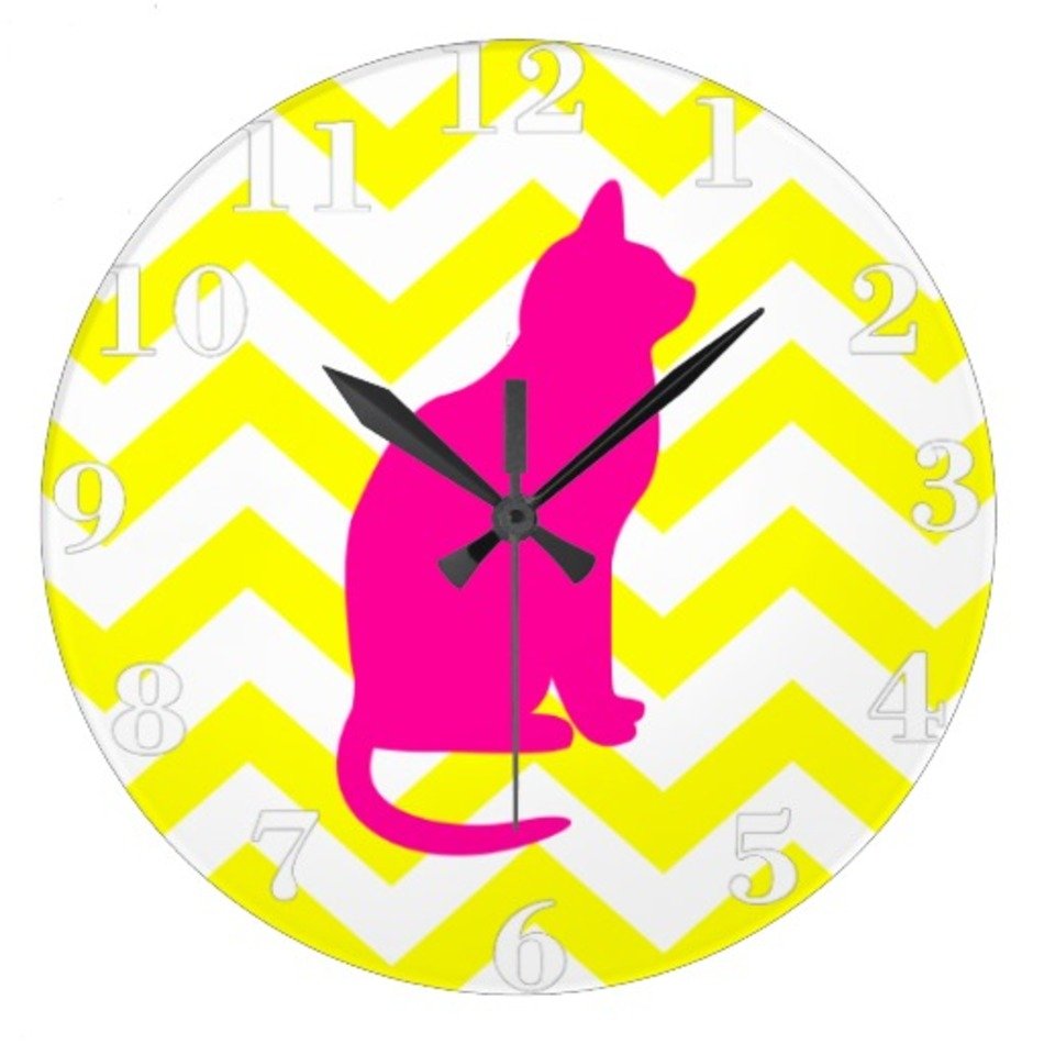 Neon Pink Kitten Cat Yellow Chevron Pattern Clock