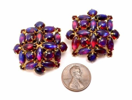 Signed Purple Red Dragons Breath Glass Opal Cab Clip On Earrings