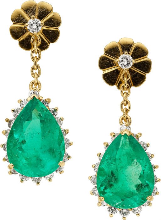 gold earrings with large green stones