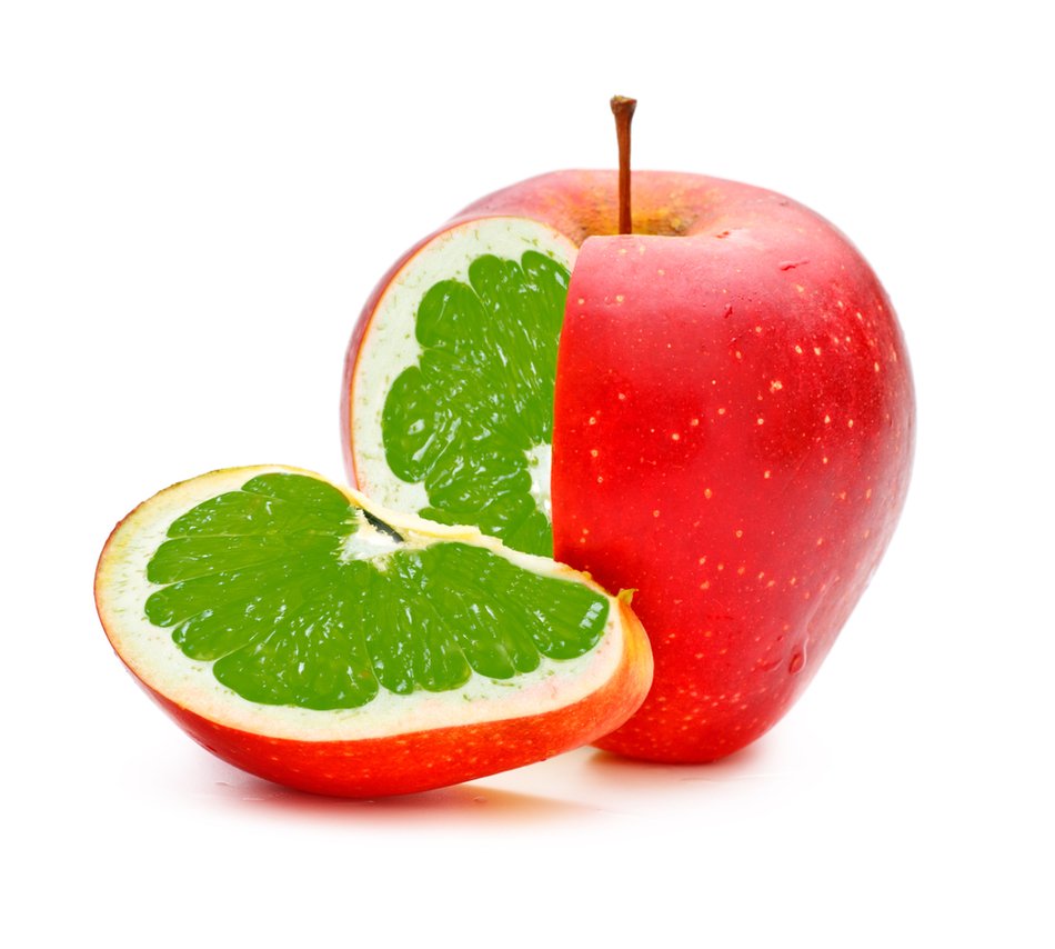 red apple with green citrus inside