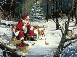 Beautiful snowy landscape with Santa Claus