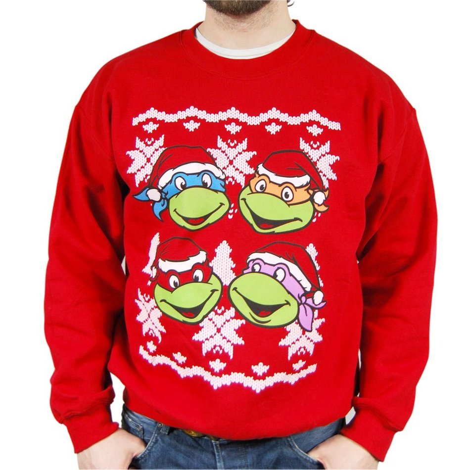 a red sweater with a picture of Ninja Turtles