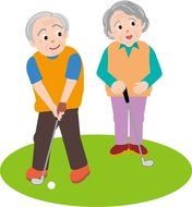 cartoon elderly couple playing golf on the court