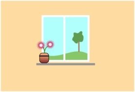 Cartoon Window with flowers on windowsill