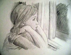 Sad Girl window Drawing