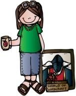 cartoon girl with mug and portrait of warcraft character
