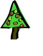 drawing of a christmas tree with colored toys