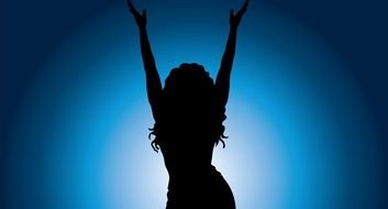 silhouette of long haired woman holding hands up at blue background