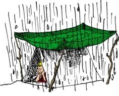 painted boy in a tent in the rain