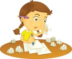 painted girl writes a letter and crumples paper