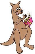 Cartoon Kangaroo with baby in bag holding gift box