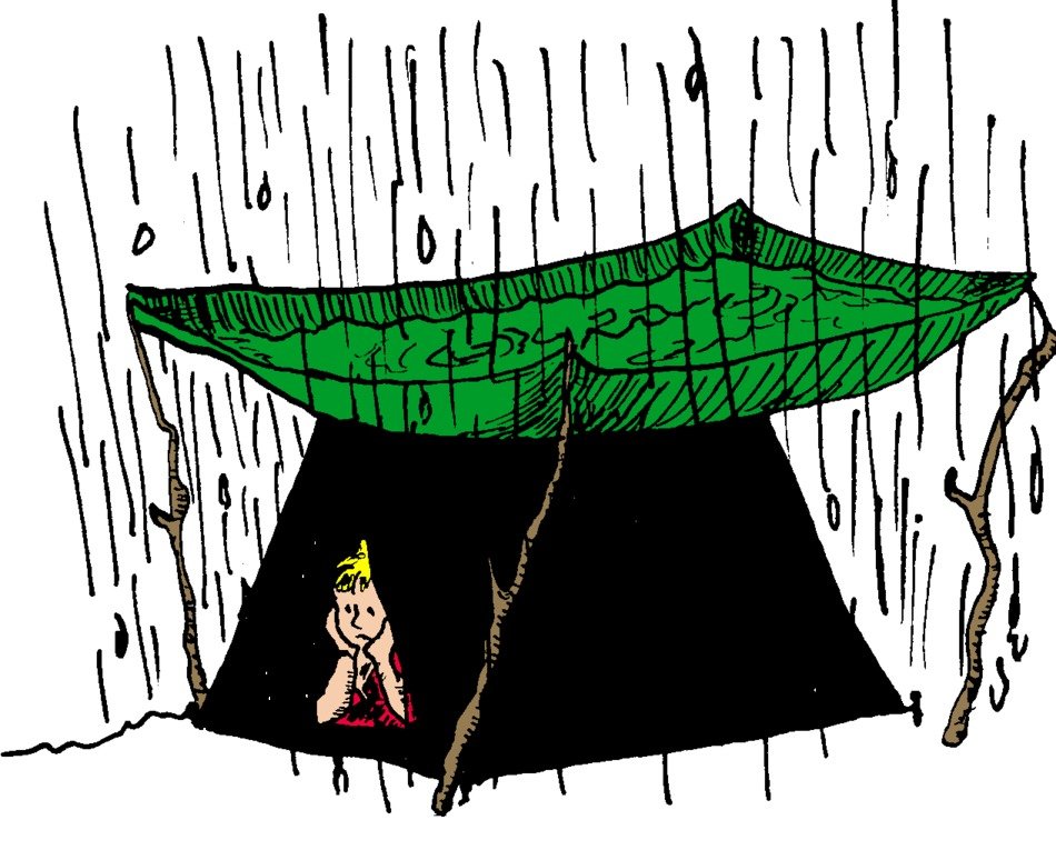painted boy in a tent in the rain