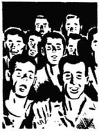 black and white image of a crowd of men