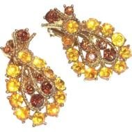 Lovely Topaz amp Amber Glass Rhinestone Leaf Design Earrings